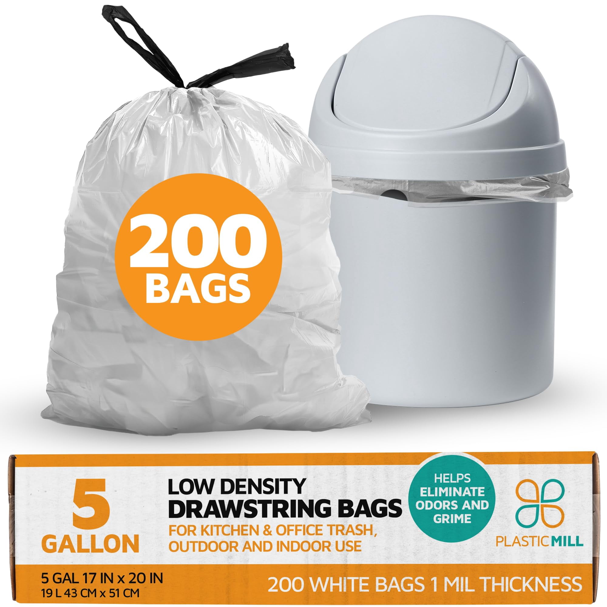 PlasticMill Drawstring Trash Bags - White Garbage Bags - Plastic Trash Bags - Kitchen, Bathroom, Office Garbage Bags, Trash Can Liners - 5-Gallon Small Trash Bags, 1 Mil, 17"x20" (200-Count)