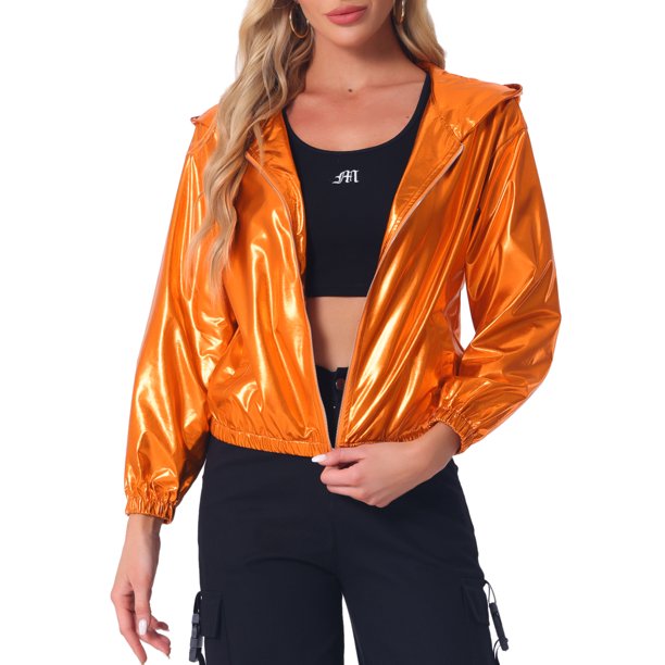 Chaqueta Brillante de Mujer Inspire Chic de Manga Larga Ligera con Cremallera y Capucha Metálica S Naranja