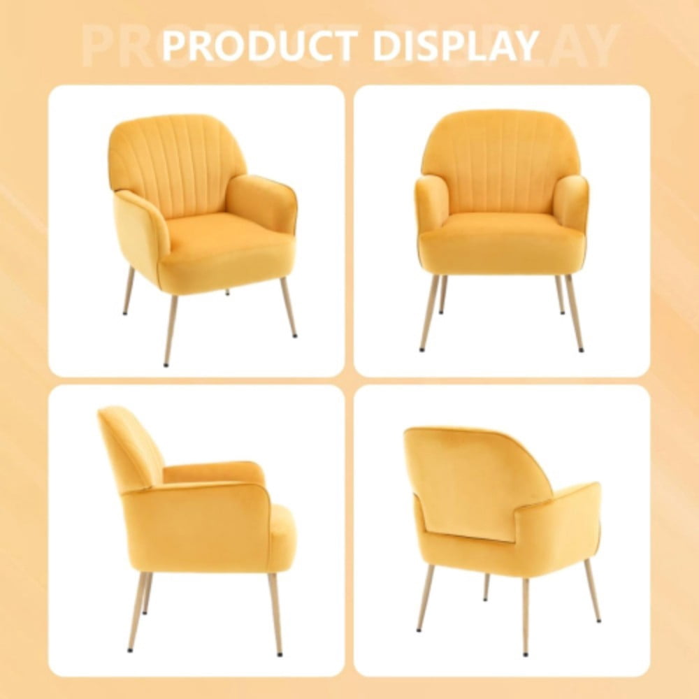 Velvet Accent Chair, Modern Upholstered Barrel Chair with Shell-Shaped Tufted Back, Padded Armrests, Metal Legs for Living Room, Bedroom & Office, Yellow