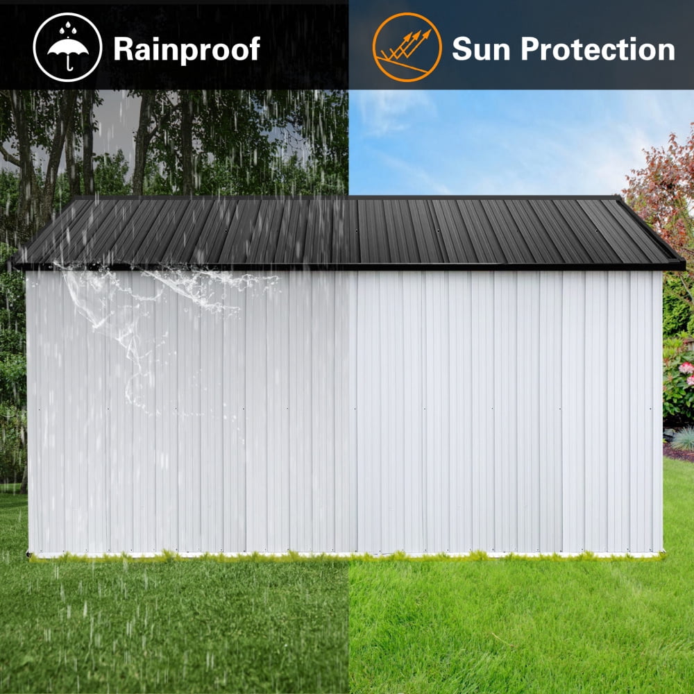 12ft x 10ft Metal Outdoor Storage Garden Tool Shed Workshop with Foldable Worktable, Shelves, Window, Hanging Lamp Hook & Apex Roof for Backyard Garden Patio, White+Black