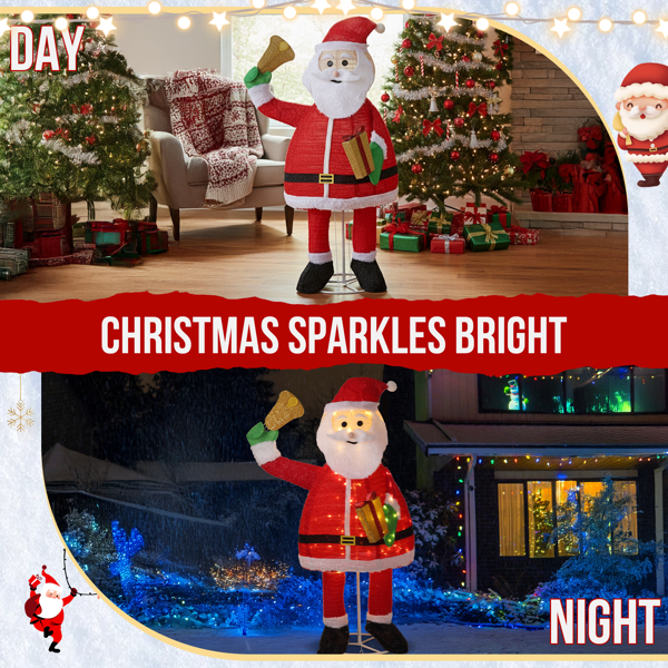 Alvantor 6 ft Pre-Lit Pull-Up Santa Claus with Bell and Gift, 200 Warm White LED Lights, Indoor and Outdoor Christmas Decorations