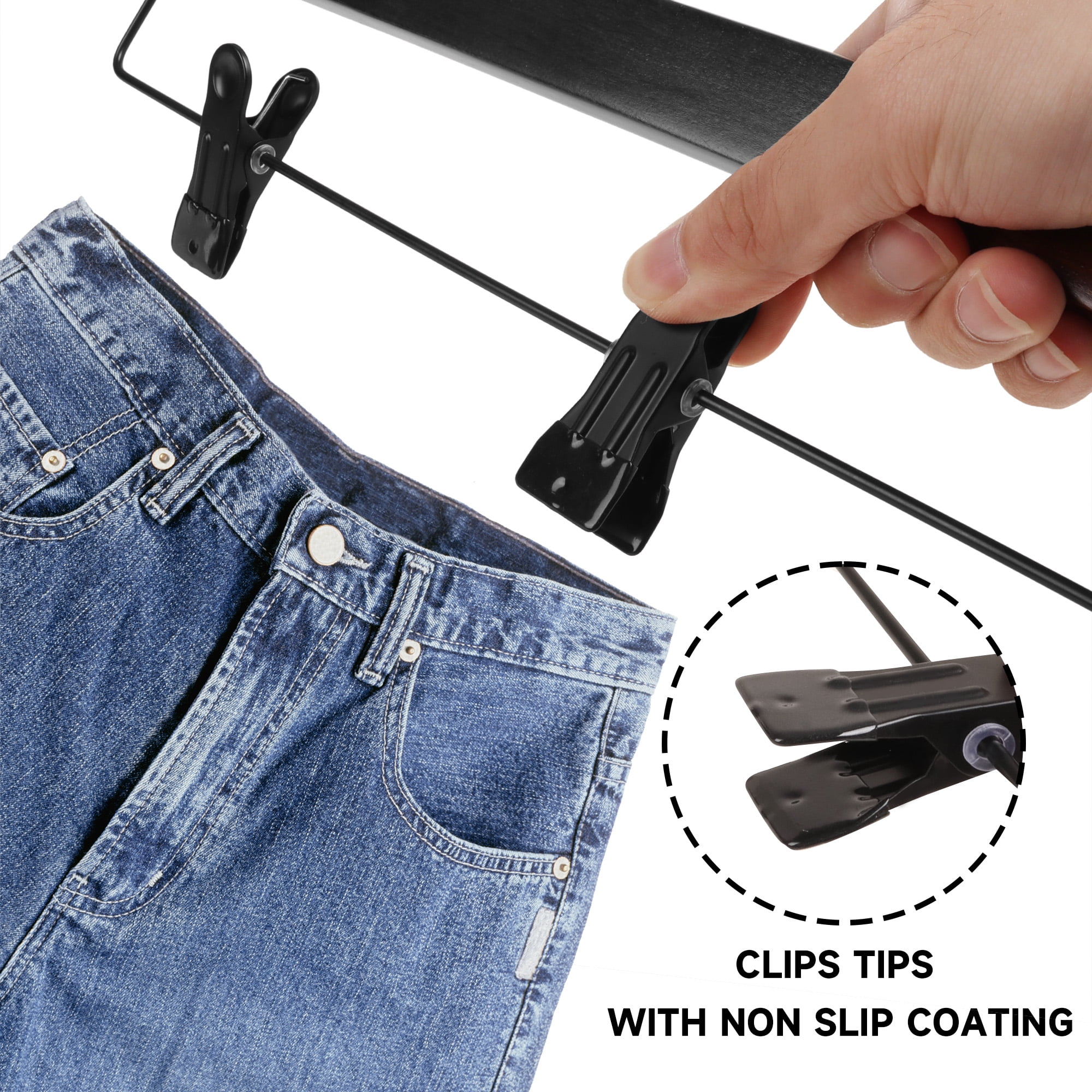 BP4U 24-Pack Premium Wooden Adjustable Pants Hangers, Heavy Duty Solid Wood Bottom Skirt/Trousers Hangers with 360° Swivel Hook & Wrinkle-Free Design(Black)