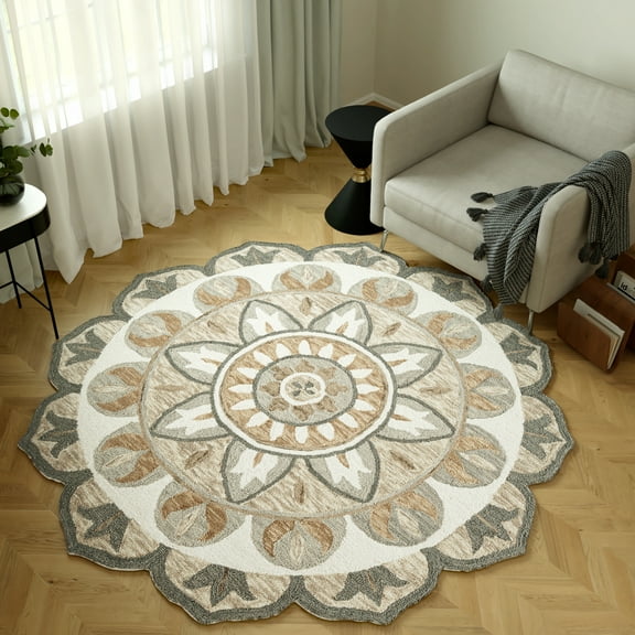 Ox Bay Ella 6' Round Silver Gray/Ivory Floral Wool Indoor Area Rug