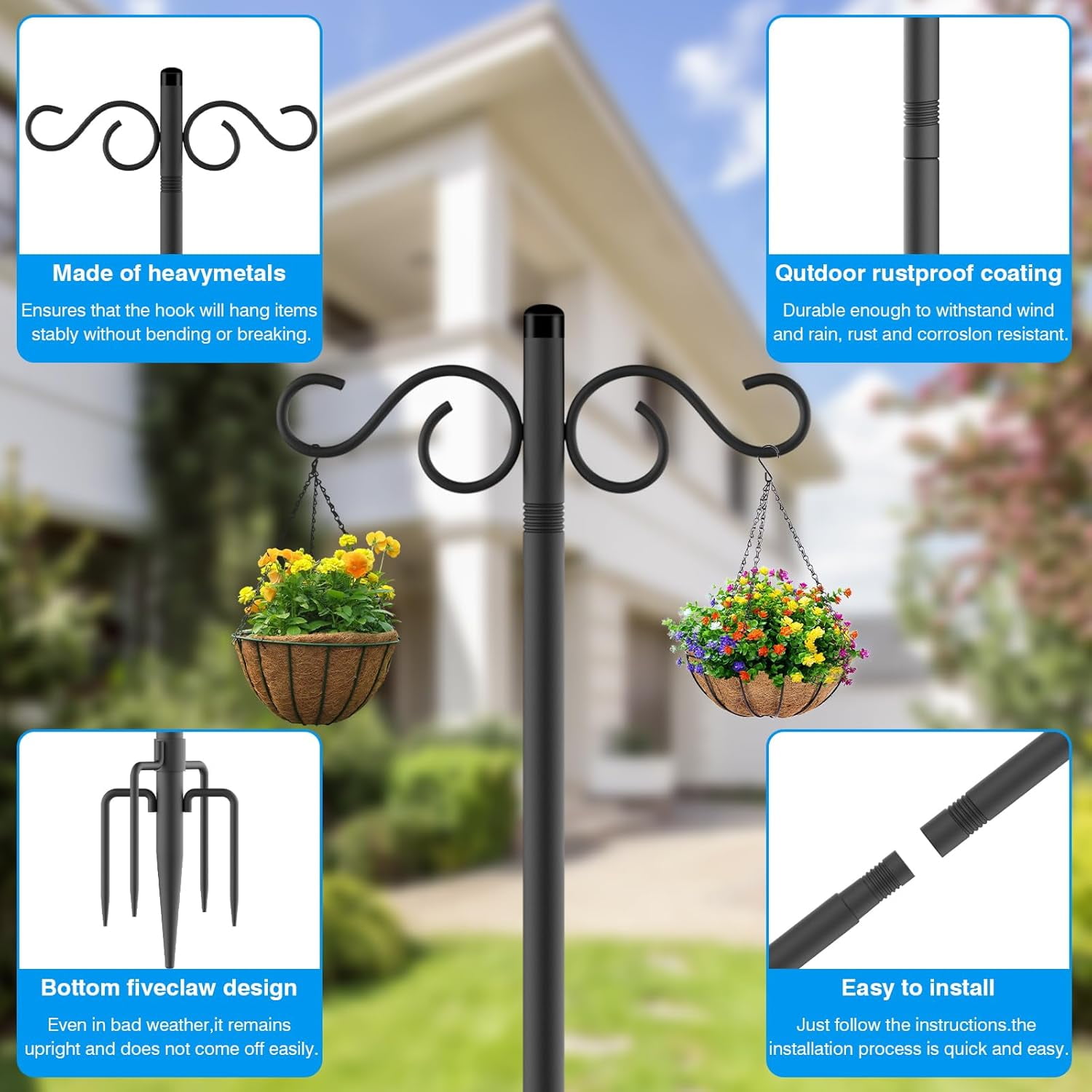 BAODELI Adjustable Shepherd Hooks for Outdoor,2 Pack 90 Inch 5 Prong Base Bird Two Sided Feeder Poles,Heavy Duty Shepherds Hook,Suitable for Garden in Hanging Flower Basket,Lantern,Bird Nests