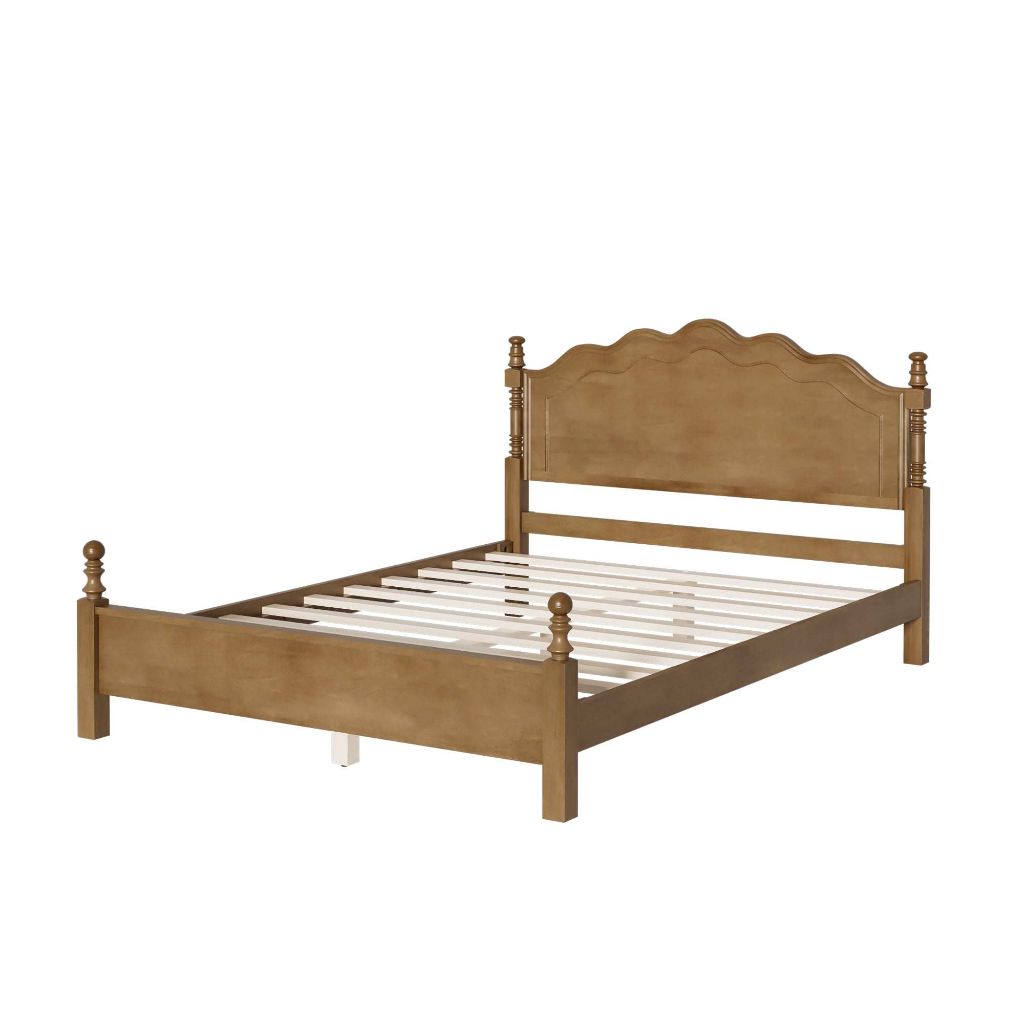 Euroco Wood Queen Size Platform Bed, Classic American Vintage Style Wood Bed with Curved Headboard, No Box Spring Needed, Dark Oak