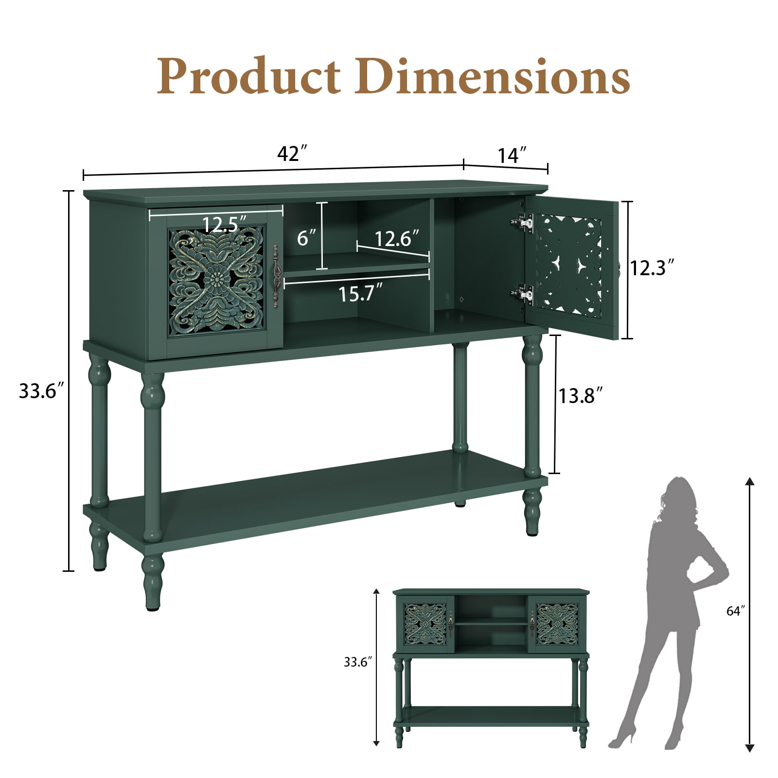 HLR Modern 42" Console Table with Storage, Entryway Table Wood Behind Couch with Shelves for Living Room, Green