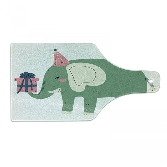 Teal Elephant Cutting Board, Birthday Animal with Hat and Gift Box, Decorative Tempered Glass Cutting and Serving Board, in 3 Sizes, by Ambesonne