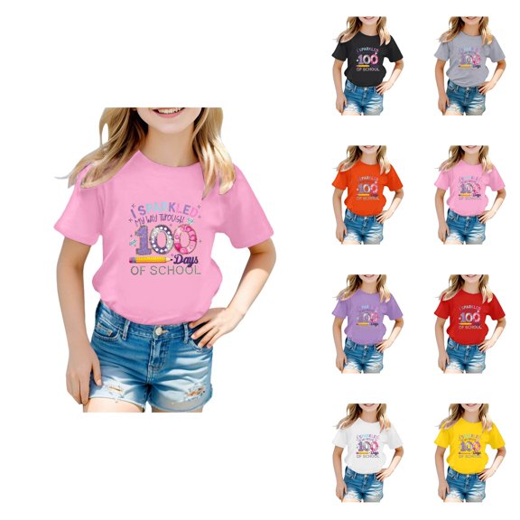 Girls Graphic Print Short Sleeve Tee Shirt Casual Crewneck Top for School Season