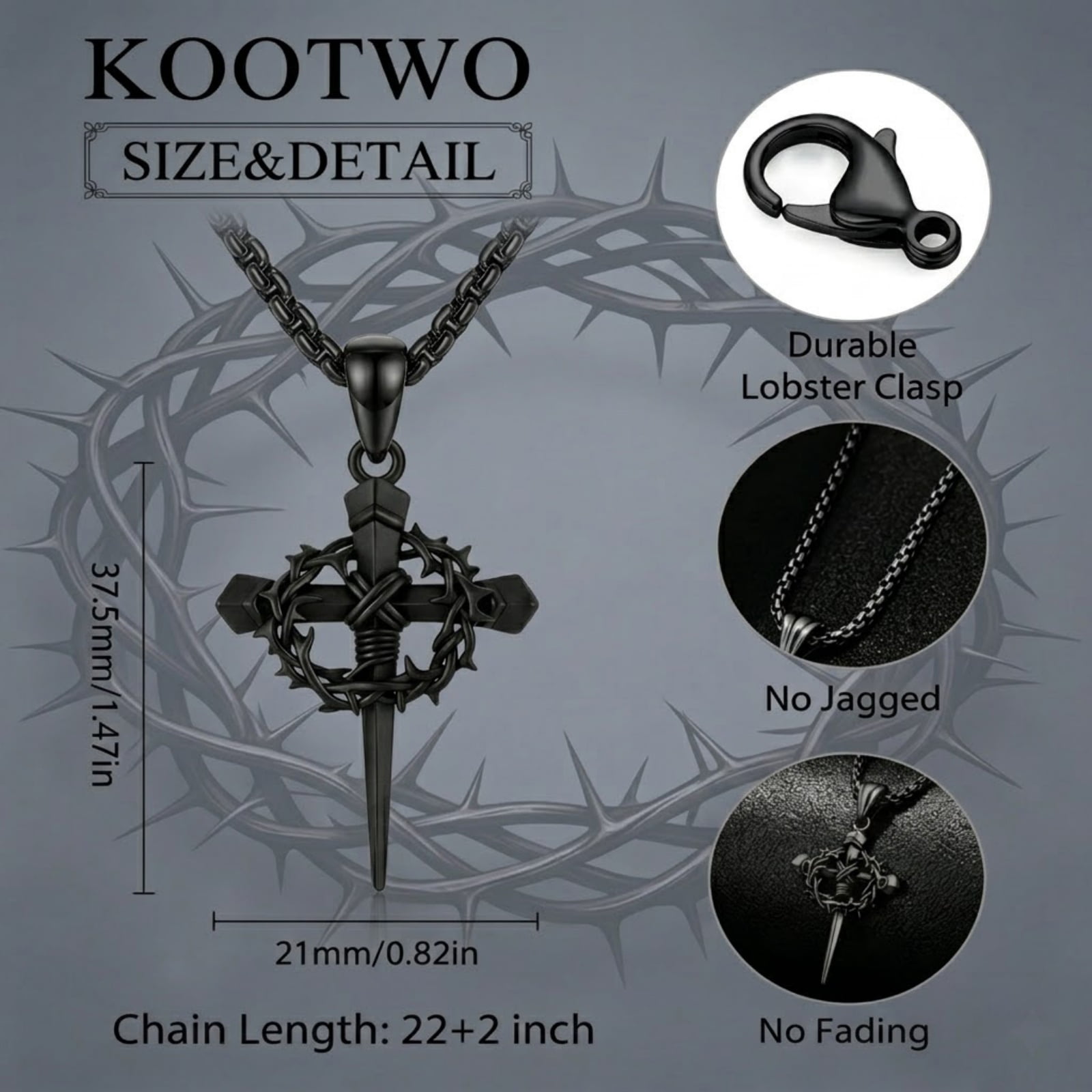 Crown of Thorns Cross Necklace for Men Women, Black Gold Plated Jesus Cross Necklace, Crucifix Nail Pendant, Vintage Christian Religious Gift