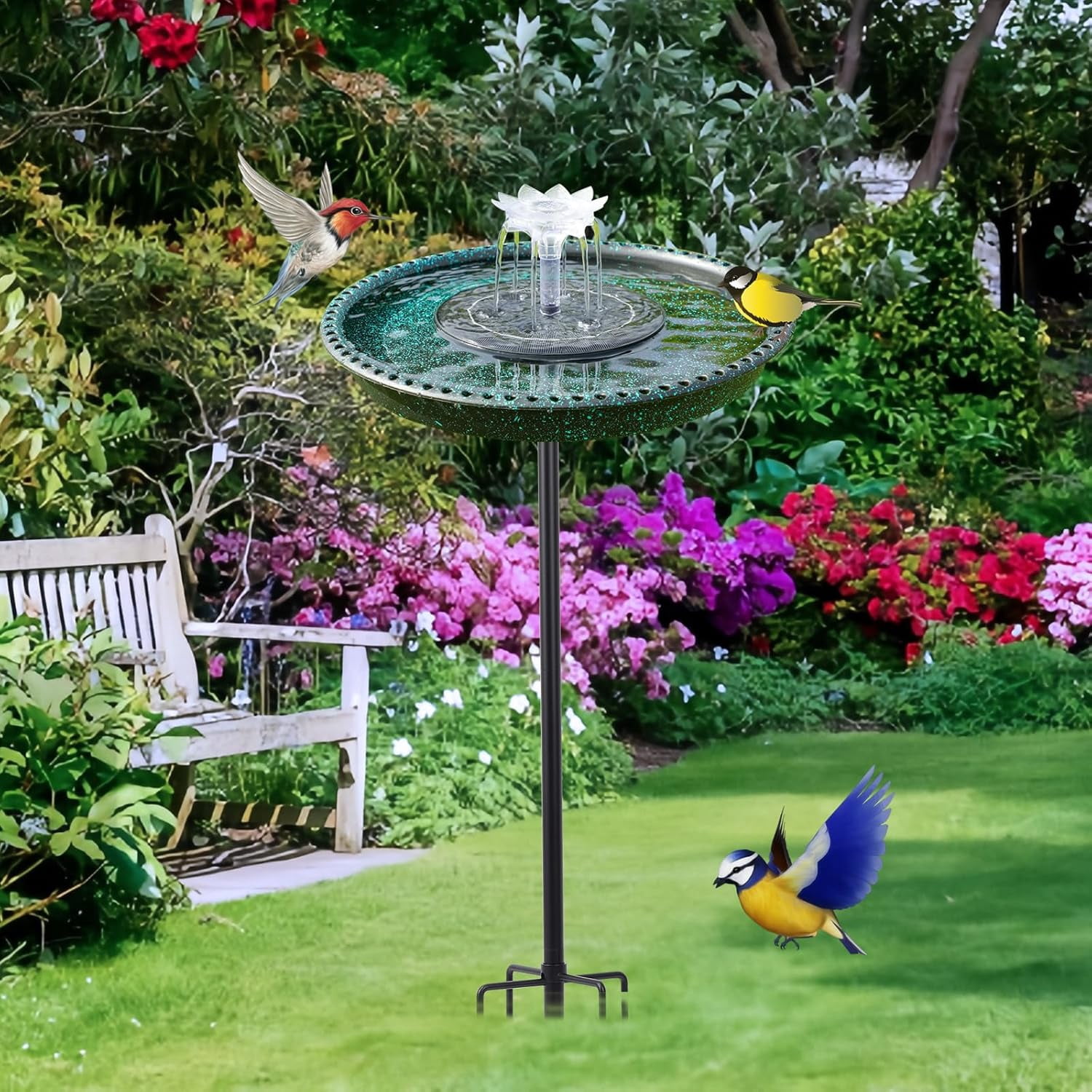 Bird Bath with Solar Powered Fountains for Hummingbirds,Stable Stylish Design with 5-Prong Base Stake Plastic Bird Bath for Outside Patio Yard Garden(Gift)