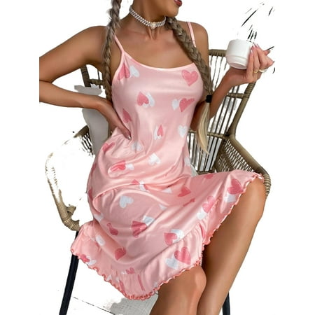 

Cute Heart Spaghetti Strap Slip Dress Baby Pink Sleeveless Women Nightgowns & Sleepshirts L