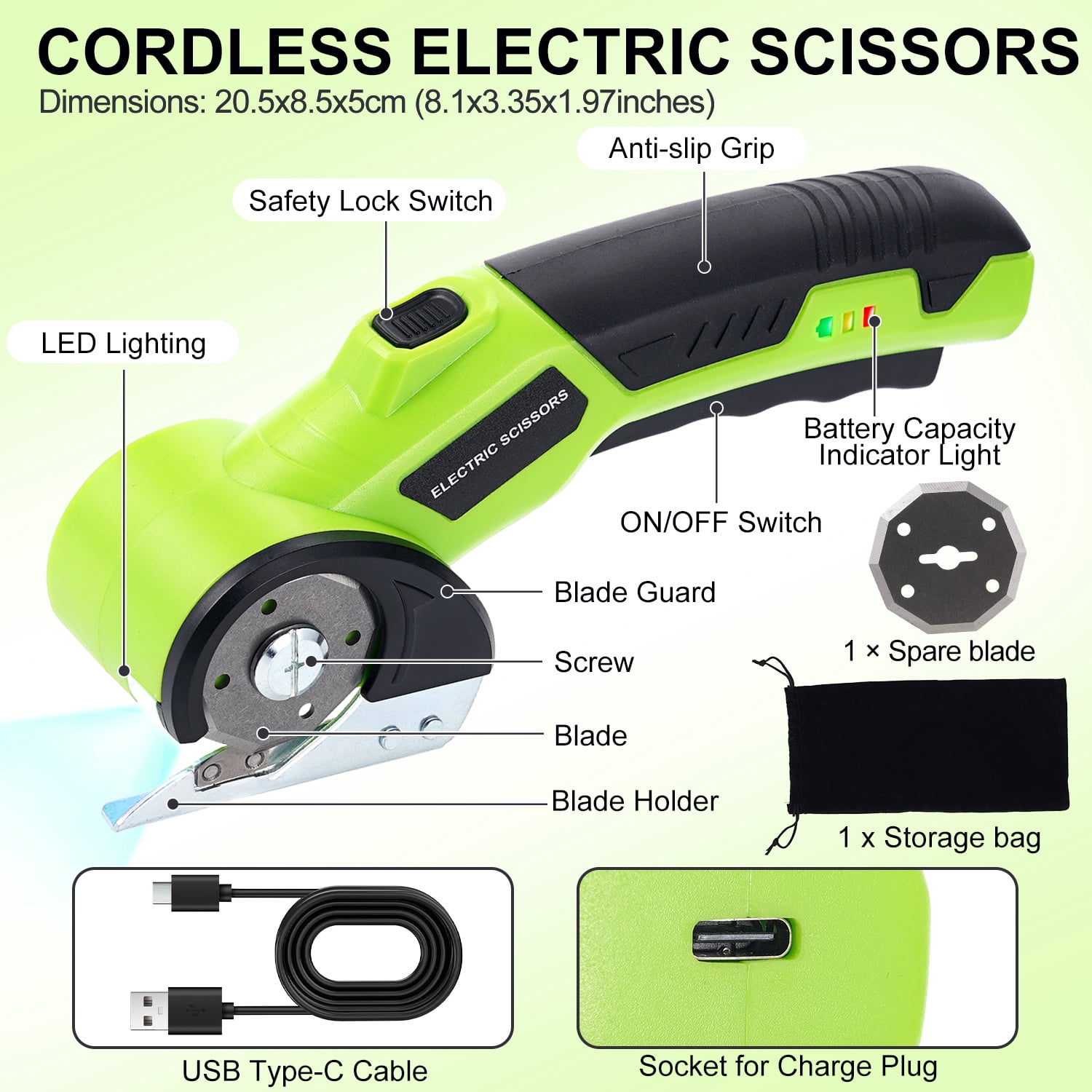 HORMY Cordless Electric Scissors, 3.6V Rechargeable Cardboard Box Cutter with Safety Lock & LED Light, Power Rotary Cutter for Fabric Carpet Leather