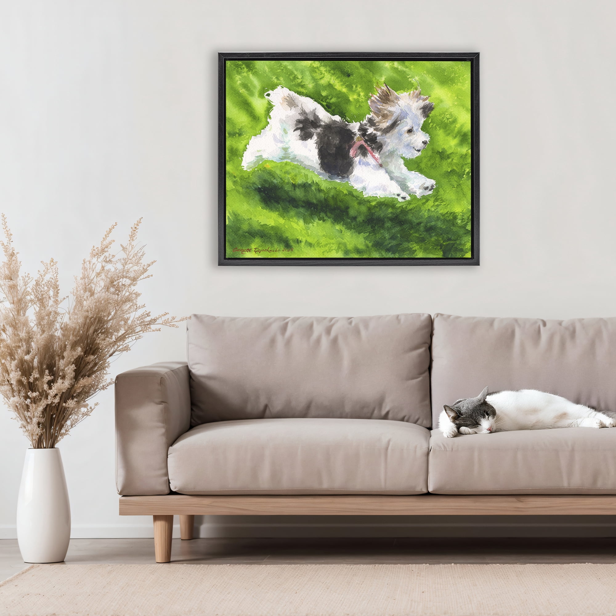 Stupell Industries Happy Maltipoo Running Black Framed Floater Canvas Wall Art, design by George Dyachenko