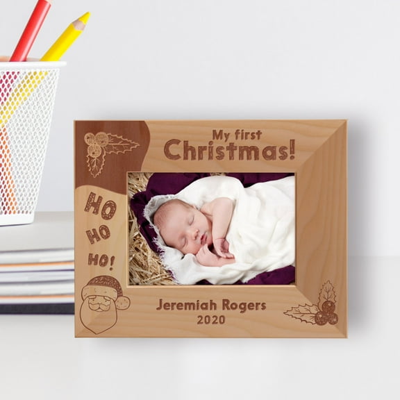 My First Christmas Ho Ho Ho Personalized Wooden Frame-5" x 3 1/2" Brown Horizontal