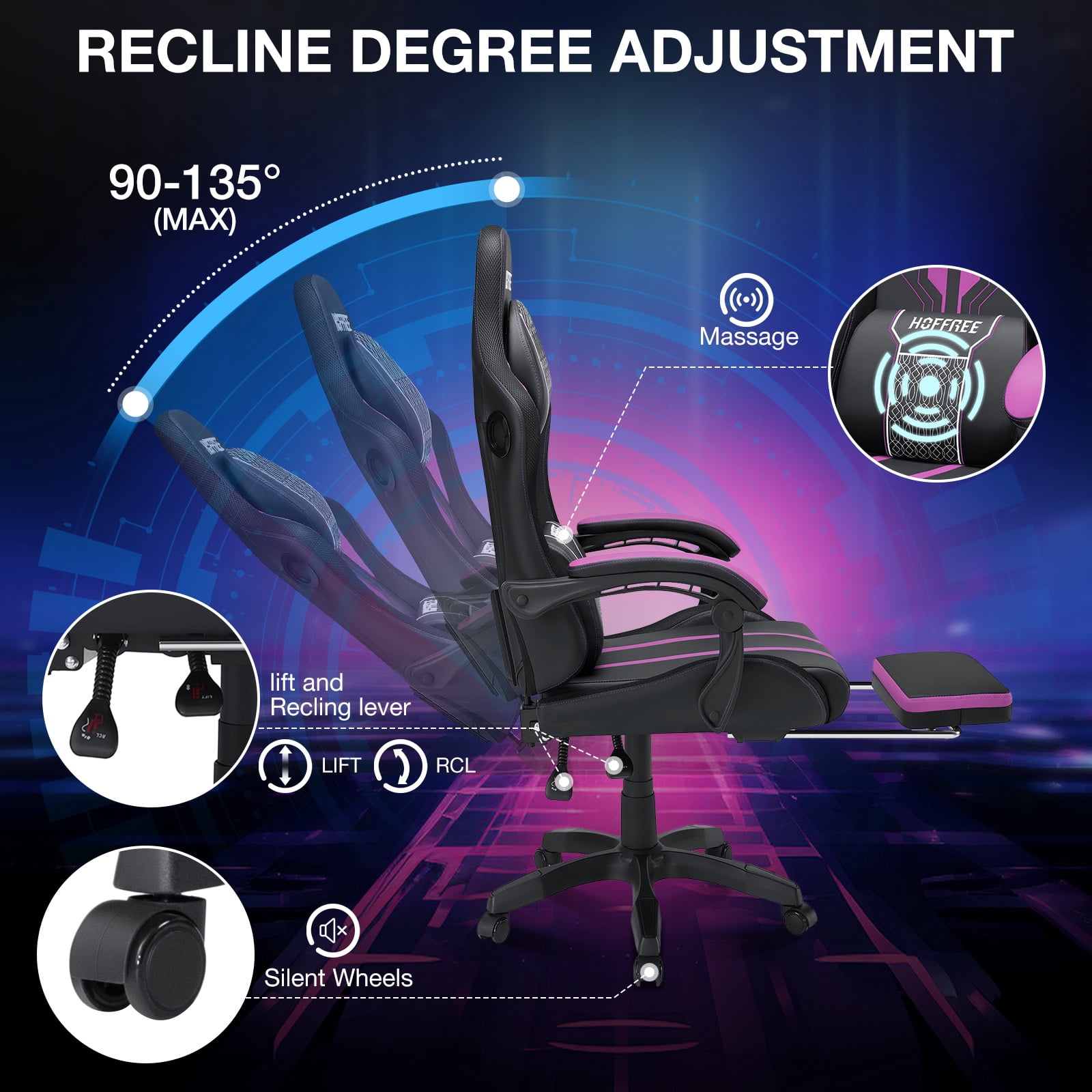 Hoffree Gaming Chair with Speakers Big and Tall Office Chair with Footrest Heavy Duty Gamer Chair with Lumbar Support Height Adjustable 360-Swivel Seat and Headrest for Adults, 400lbs