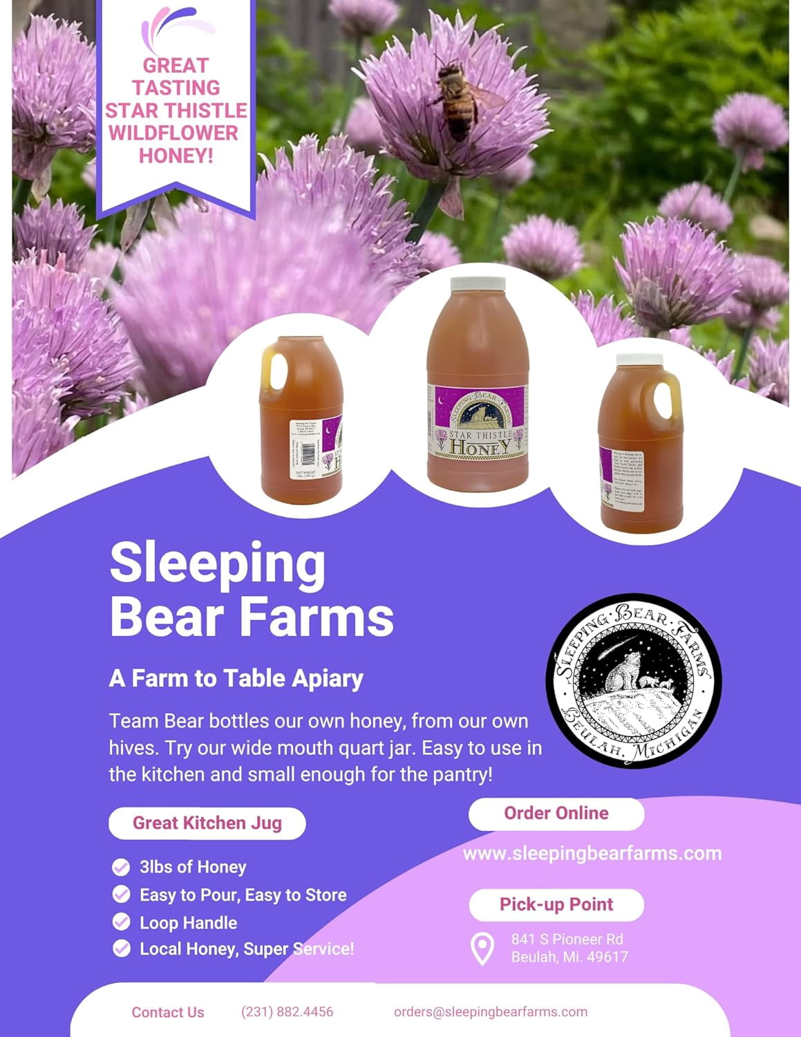 Star Thistle Honey Jug 3 lbs. Bulk Honey Jar Unpasteurized Unblended No Additives Pure Michigan Honey