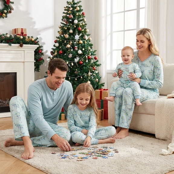 Family Matching Christmas Pajamas, Christmas Tree Print/Solid Long-Sleeved Tops Trousers/One-Piece Jumpsuit/Dog Clothes
