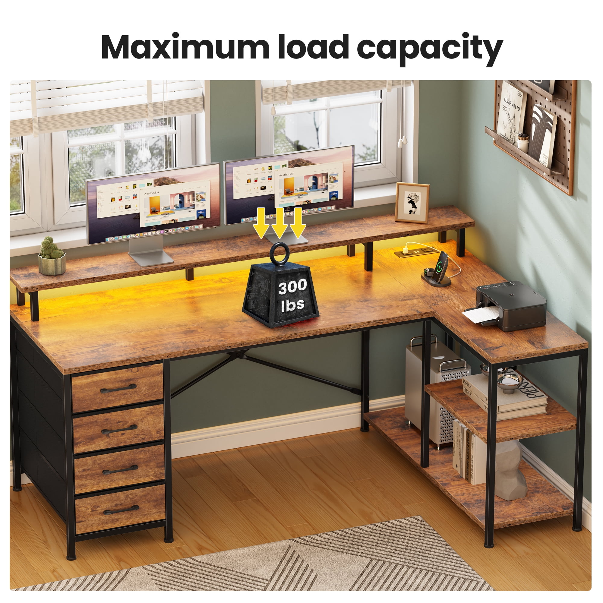 47" Gaming Desk with Power Outlets & LED Lights, L Shaped Desk with Fabric Drawers & CPU Stand, Corner Computer Desk with Open Shelves for Small Space, Rustic Brown