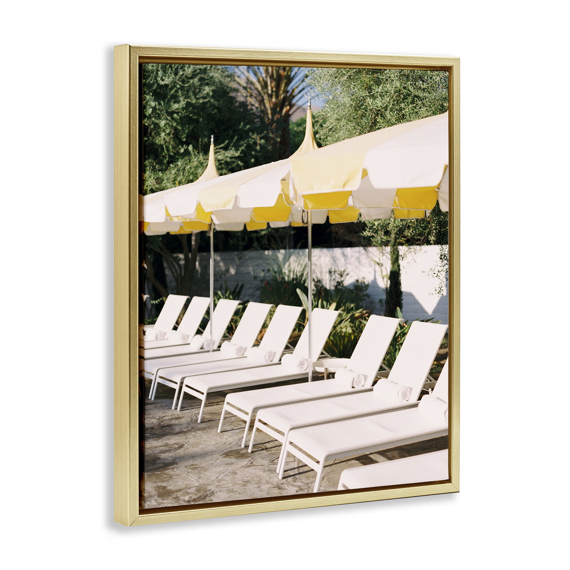 Stupell Industries Poolside Beach Chairs Landscape Photography Gold Floater Framed Canvas Art Print Wall Art, 17 x 21