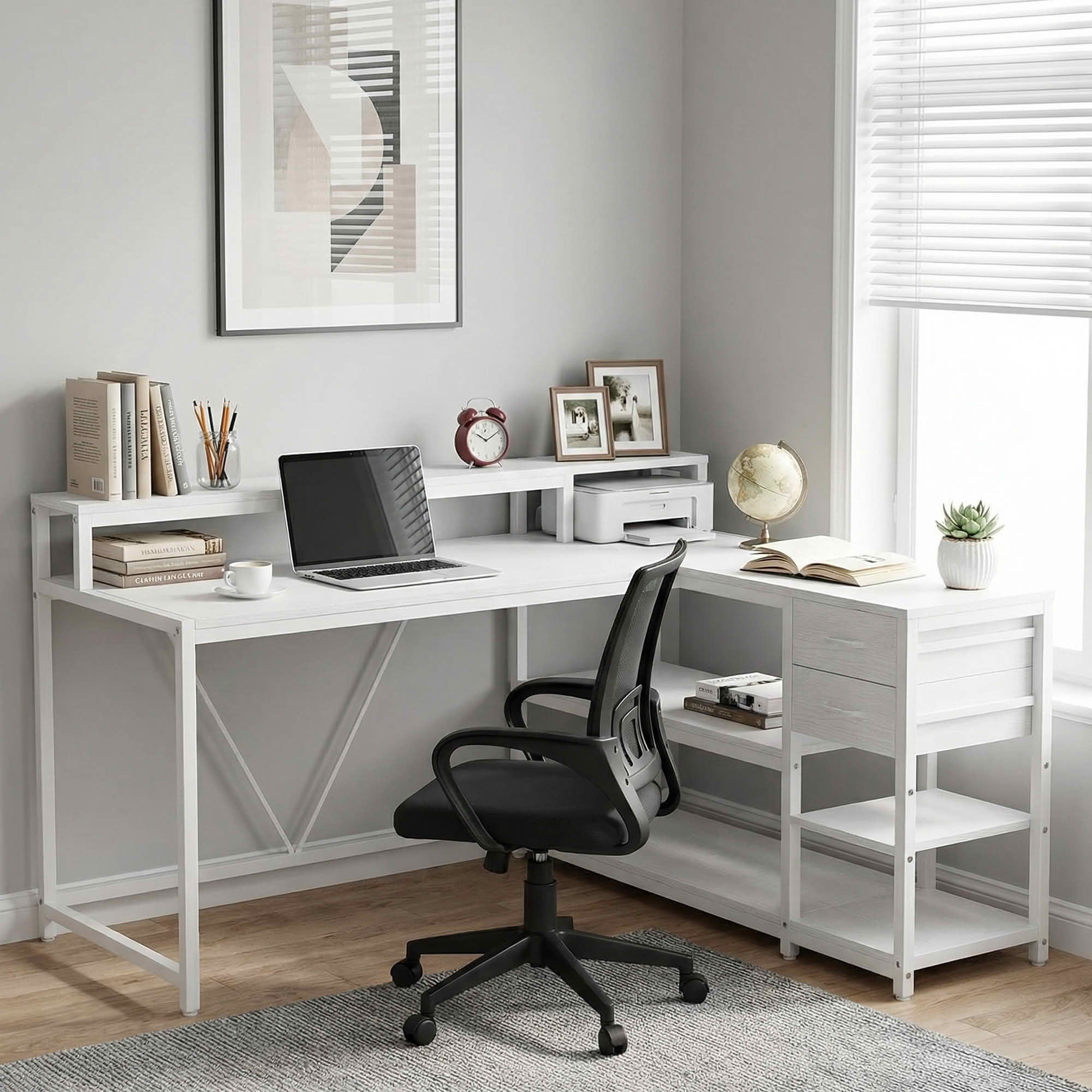 MAYEERTY L-Shaped Corner Desk with Monitor Stand & 2 Drawers, Space-Saving Home Office Desk with Storage Shelves, Anti-Slip Foot Pads