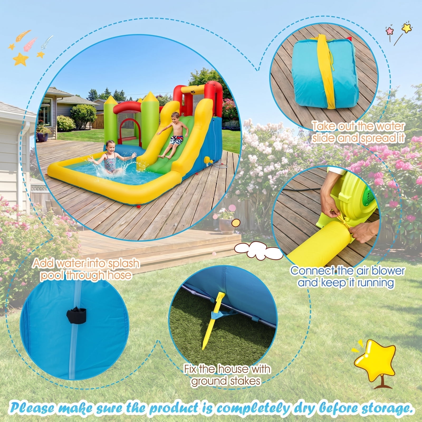 Airfind Outdoor Inflatable Bounce House with 480W Blower, Long Water Slide, Climbing Wall & Splash Pool, 138"x110"x75" Wet & Dry Combo for Kids 3-10
