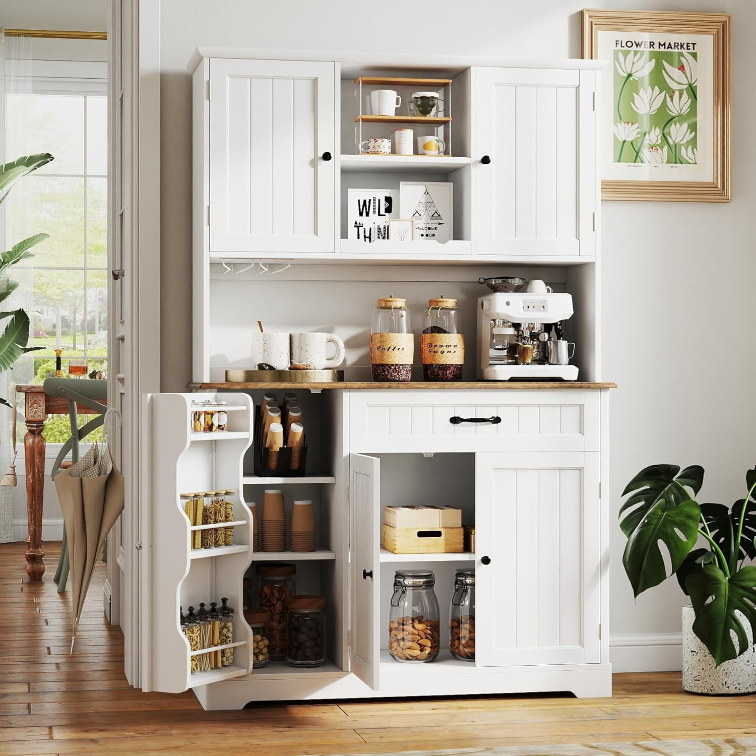 67" Kitchen Hutch Cabinet with 5 Doors and 14 Shelves, Noelse Large Wooden Kitchen Pantry Storage Cabinet with Drawer, Tall Coffee Bar for Dining Room, White and Rustic