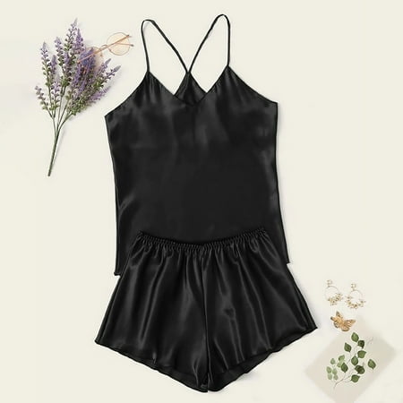 

Ykohkofe Women Sexy-Lingerie Sleepwear Satin Silk Babydoll Lace Up Nightwear Pajamas Set
