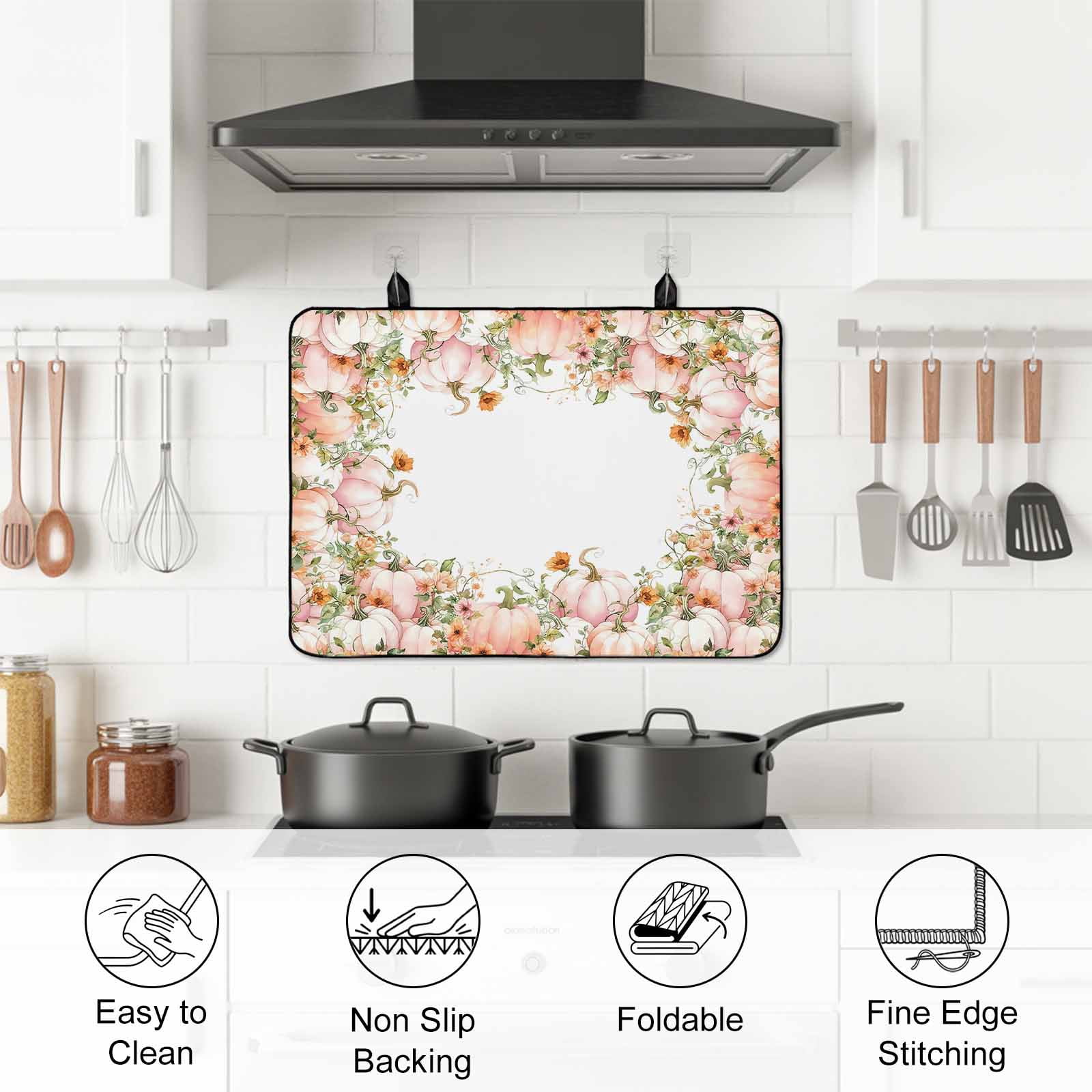 Thanksgiving Fall Stove Top Cover for Electric Stove, Heat-proof & Non Slip Glass Top Stove Cover Protector, Pink Orange Ombre Pumpkin Floral Botanical Kitchen Flat Cooktop Rubber Mat 24x21 Inches