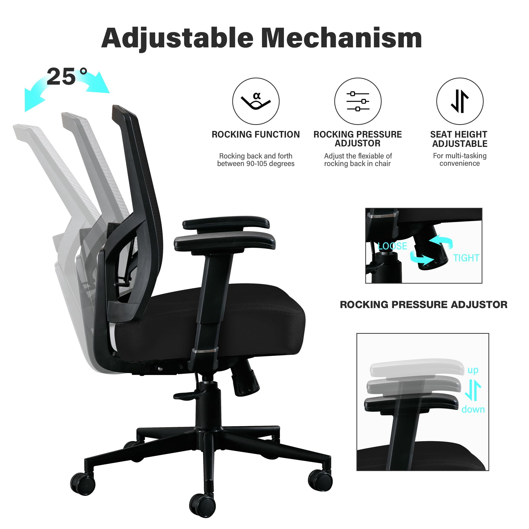 JONPONY Big and Tall Office Chair 500lbs, Ergonomic High Back Computer Desk Chair for with Adjustable Waist Support and Heavy Duty Metal Base Mesh Chair,Black