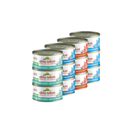 (12 Pack) Almo Nature HQS Natural Variety Pack Grain Free Recipes in Broth, Atlantic Tuna, Mackerel, Chicken & Shrimps, Trout & Tuna Wet Cat Food, 2.47 oz Cans