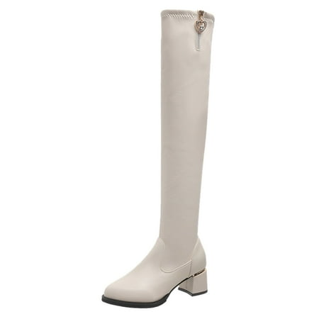 

Dyfzdhu Ladies Fashion Solid Color Leather Rhinestone Side Zipper Plush Warm Thick Heel Knee Boots