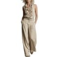 thumbnail image 5 of 2 Piece Linen Outfits for Women Sleeveless Ruffle V Neck Top & Wide Leg Pants Dressy Casual Vacation Sets (XL, Khaki), 5 of 7