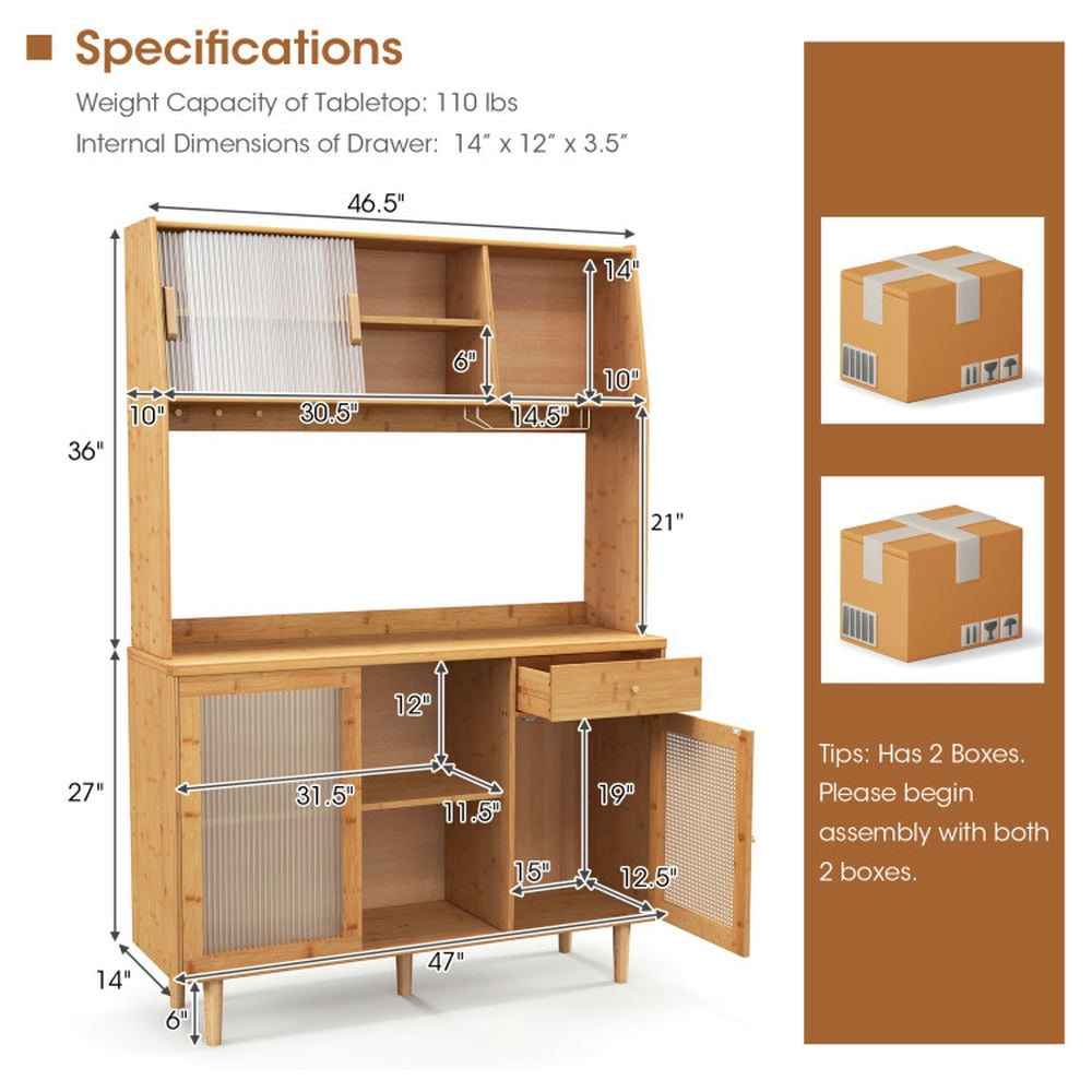 Finihen Kitchen Storage Cabinet, Buffet Sideboard, 69 Inch Wine Bar Kitchen Cabinet with Sliding Tempered Glass and Rattan Door, for Dining Room, Kitchen, Living Room, Natural Finihen Kitchen Storage Cabinet, Buffet Sideboard, 69 Inch Wine Bar Kitchen Cabinet with Sliding Tempered Glass and Rattan Door, for Dining Room, Kitchen, Living Room, Natural