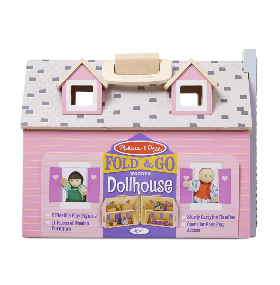 Melissa Doug Fold And Go Wooden Dollhouse With 4 Dolls And