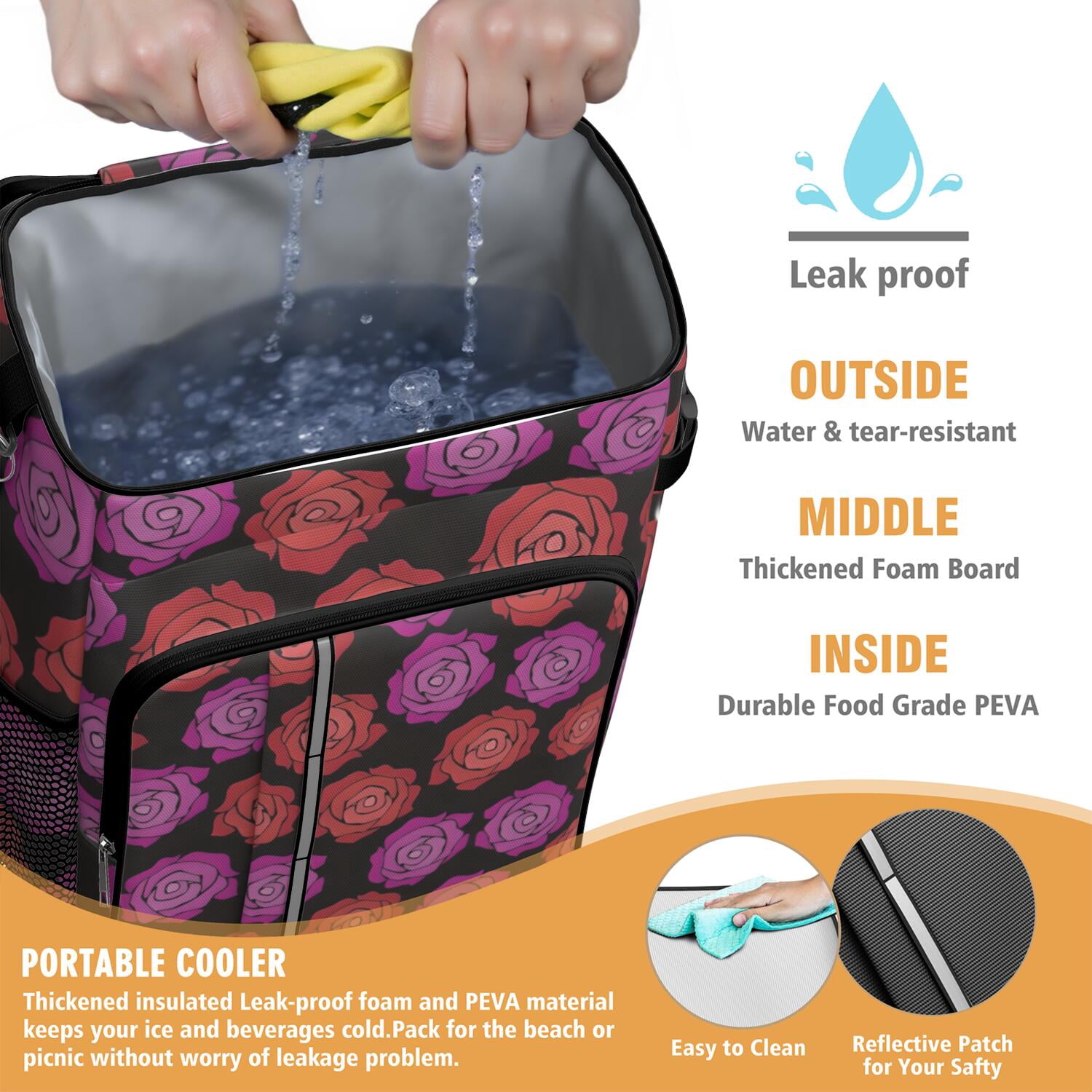 Travel Cooler Bag - Pioneer Flower Floral Print Pattern Camping Beer Cooler Backpack with Bottle Opener- Waterproof Insulated Picnic Backpacks - Cooler Bag for Beach
