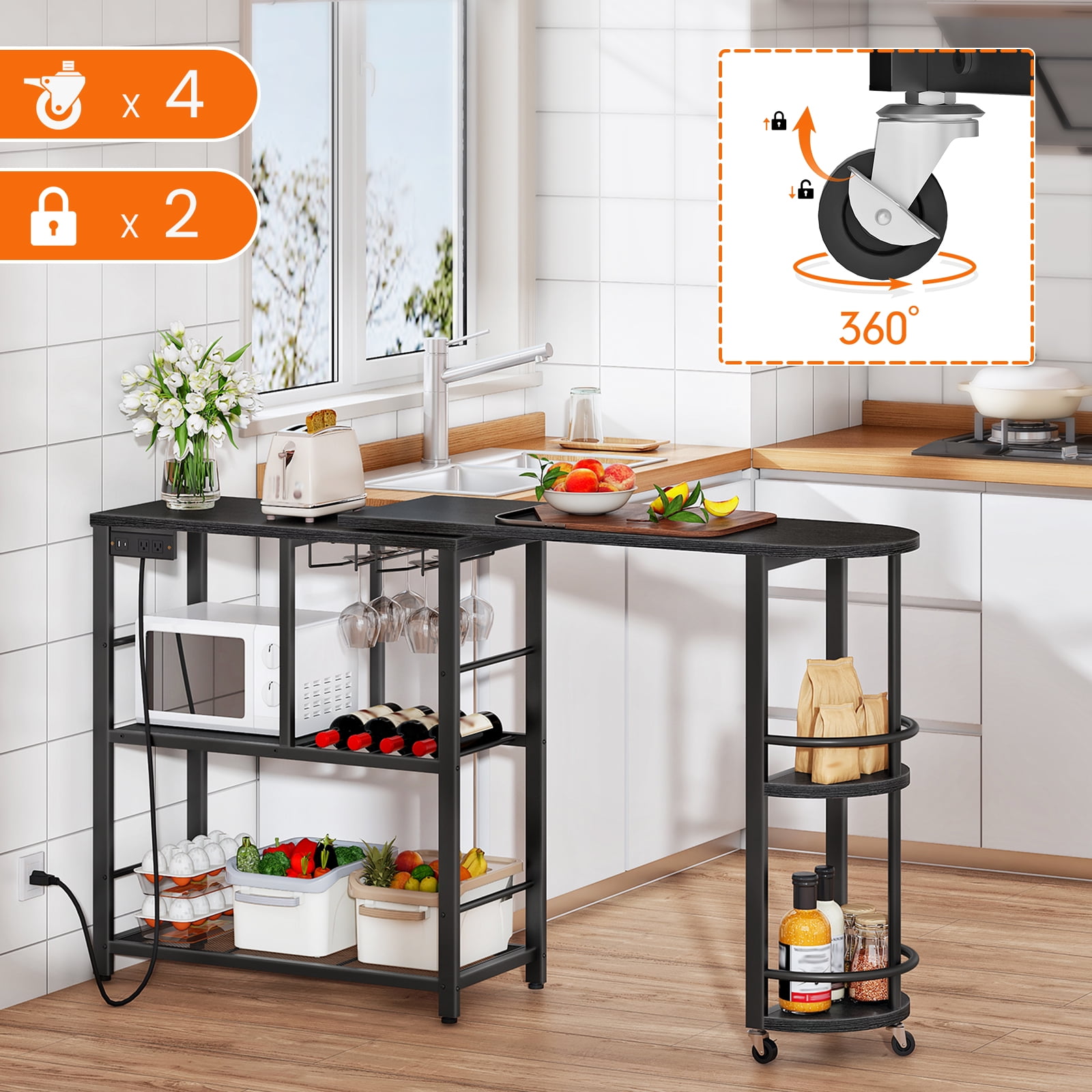 HOOBRO Adjustable Length and Charging Station L-Shaped Pub Tables, Black