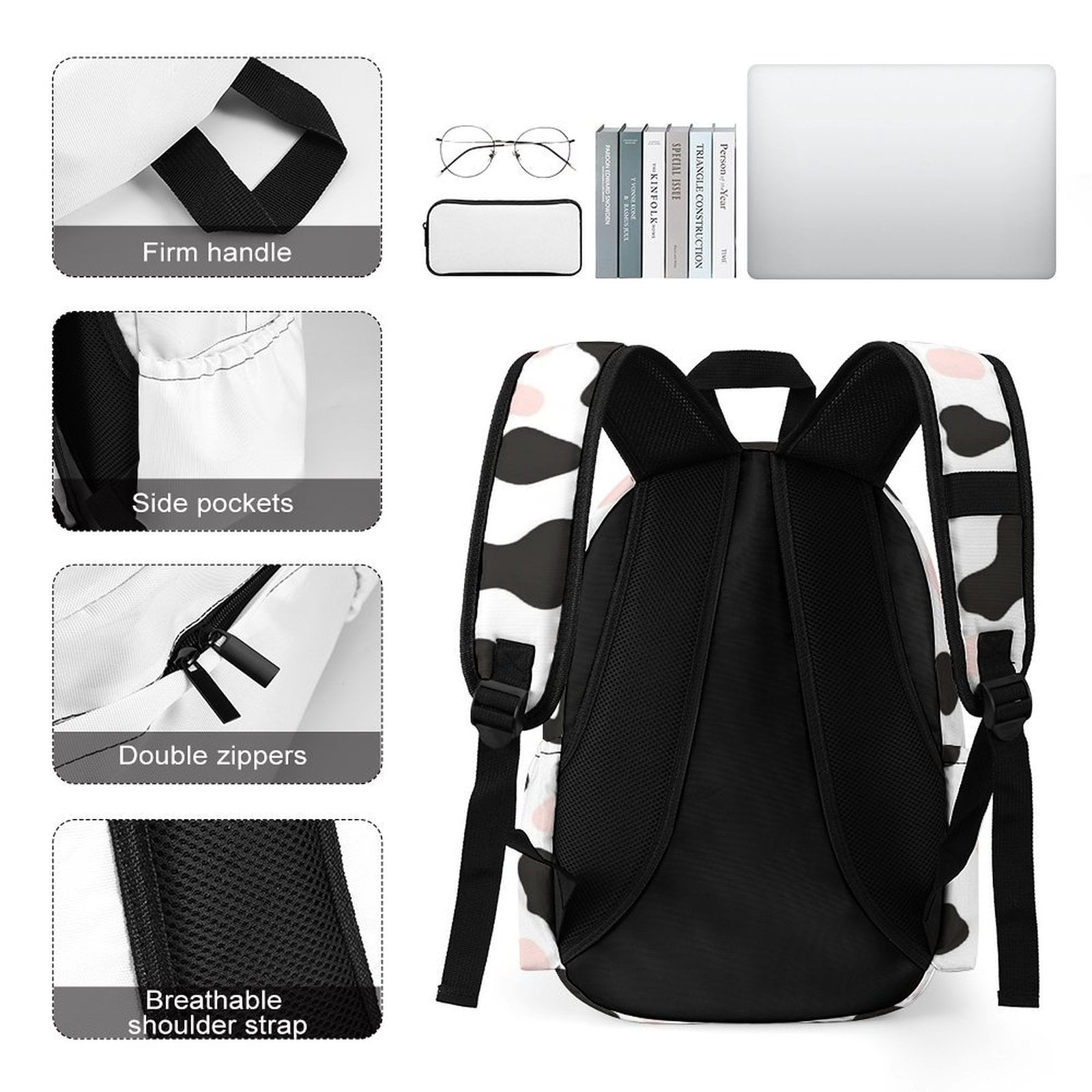 Large Capacity Half Print Backpack 11.8×16.5×5.9in Multifunctional Zipper Design Convenient Switch Simple Cow-print Pattern1_3