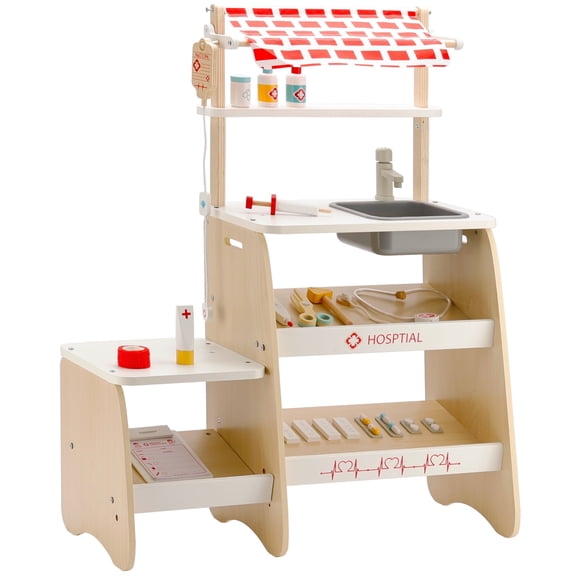 Pretend Play Doctor's Office, Wooden Medical Center Clinic Toy Set for Kids, 22 Accessories Included, Vision Testing Age 3