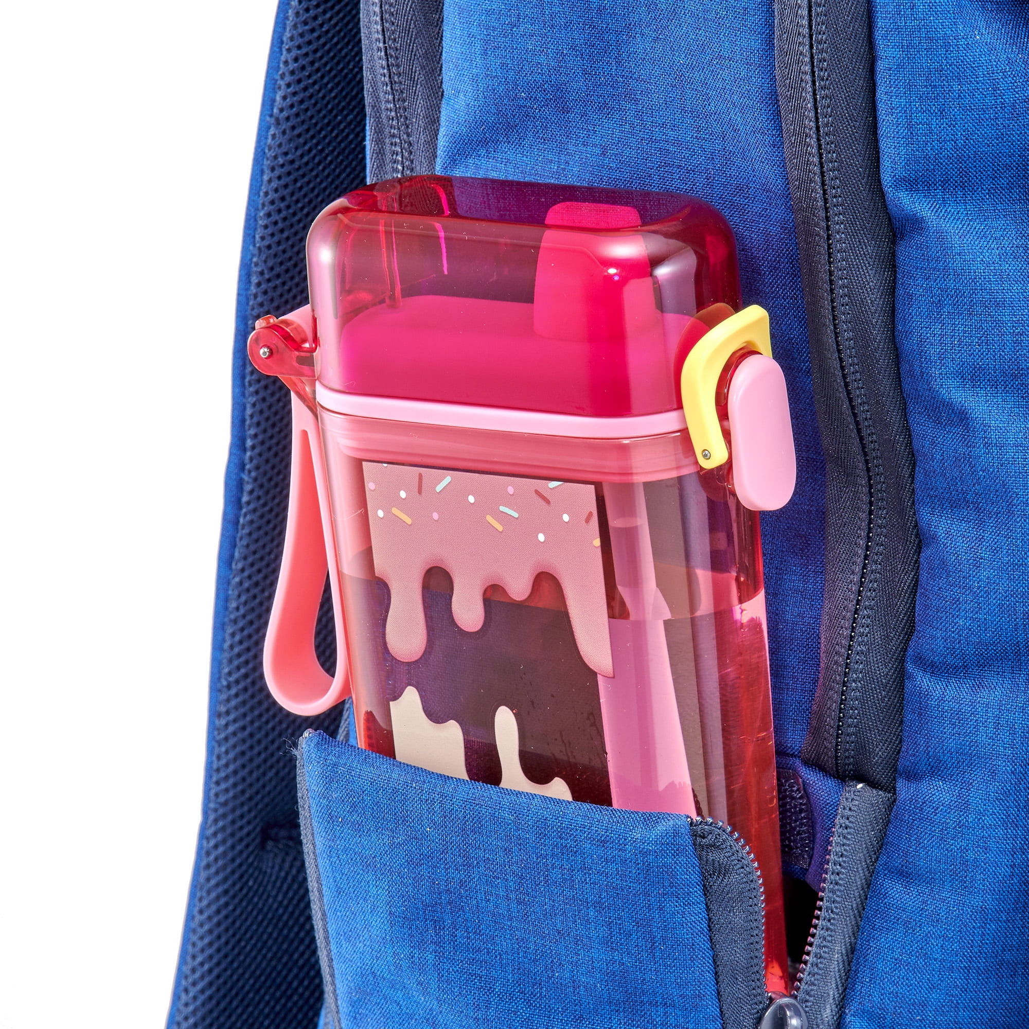 Mainstays 14oz Plastic Water Bottle with Flip Top Lid and Sipper Straw, Pink Ice Cream Cone