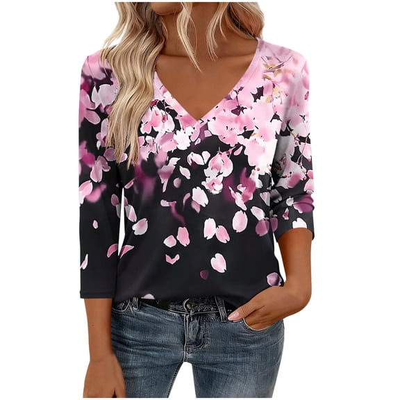 3/4 Length Sleeve Womens Tops Petite Women's Fashion Floral Printed T-Shirt 3/4 Sleeves Blouse V-Neck Casual Loose Top Pink S