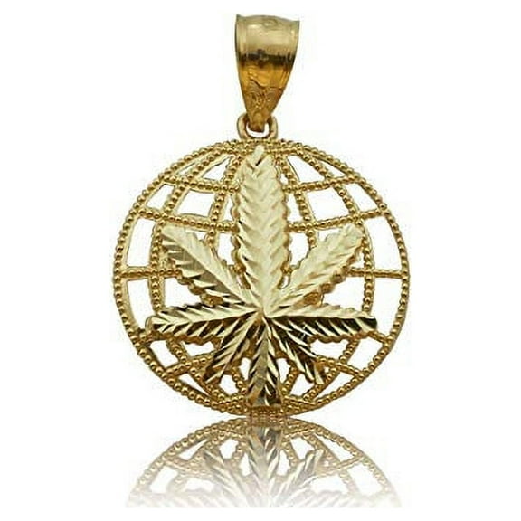 LoveBling 10k Yellow Gold Diamond-Cut Marijuana World Charm Pendant (1.15" x 0.81")