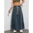 thumbnail image 5 of Plus Size Women's Elastic Waist Denim Maxi Skirt, Drawstring Loose A-line Casual Denim Midi Skirt, 5 of 5