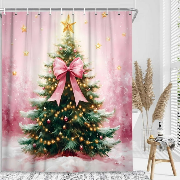 Christmas Tree Shower Curtain,Pink Glitter Xmas Tree bow Winter New Year Holiday Bathroom Curtain, Wonderland Xmas Tree Holiday Restroom Decor Accessories with Hooks 72X72IN