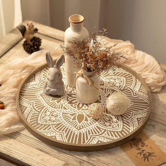 Large Round Decorative Tray: Boho Coffee Table Trays Centerpiece for Home Decor - Rusti Brown Farmhouse Serving for Women Kitchen Counter Ottoman