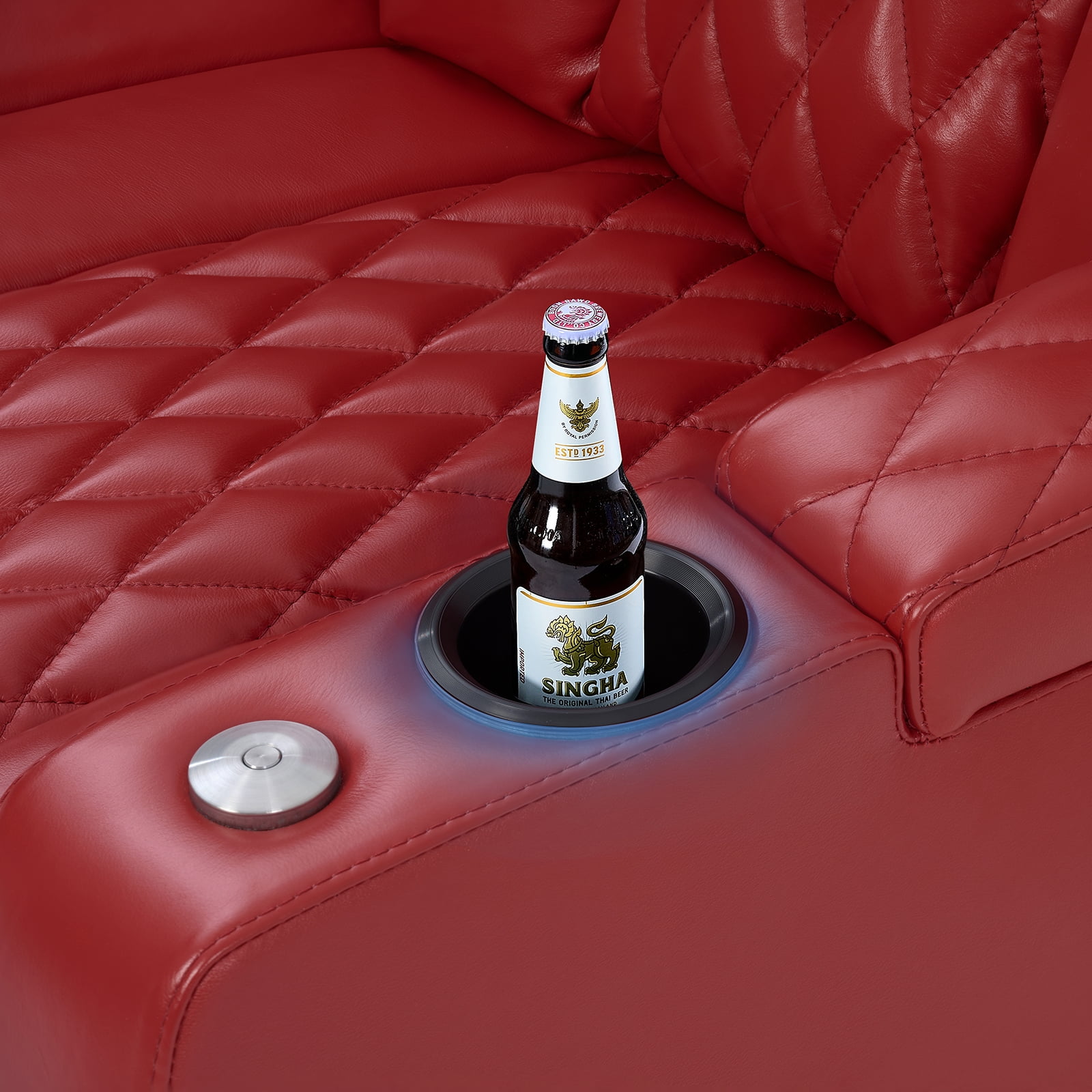 comfiroom Home Theater Seating Classic Series Top Grain Leather Recliner Chair Dual Power Electric Headrest Movie Gaming Sofa with Tray Table Type-C USB Charger (RED, Row of 4 Loveseat Left)
