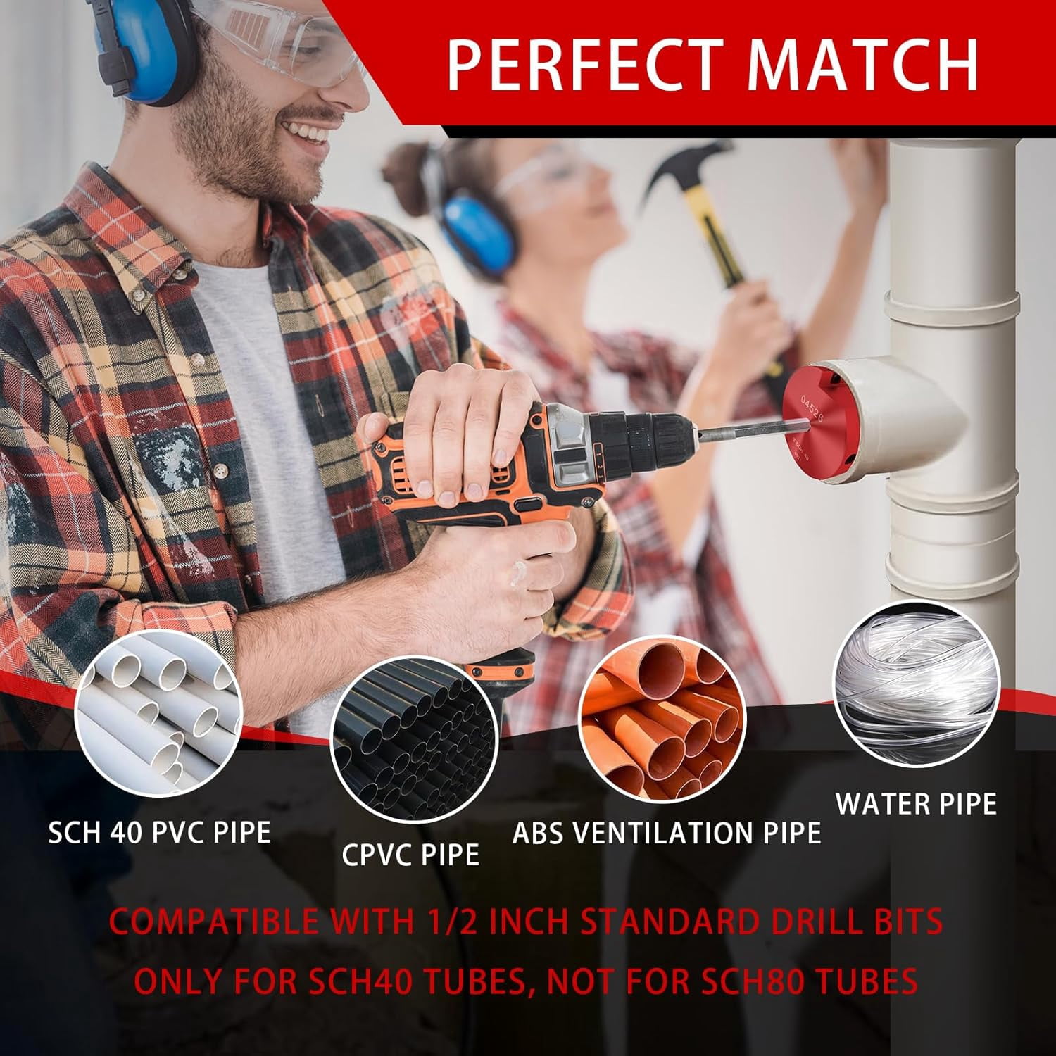 6 PCS  Plastic Pipe Fitting Reamer kIt04529 for PPRK, PVC Reed Pipe Reamer Kit Contains 3/4",1",1-1/2",2",3",4" Aluminum Head Fit into Standard 1/2" Drill for CPVC, PPR or ABS