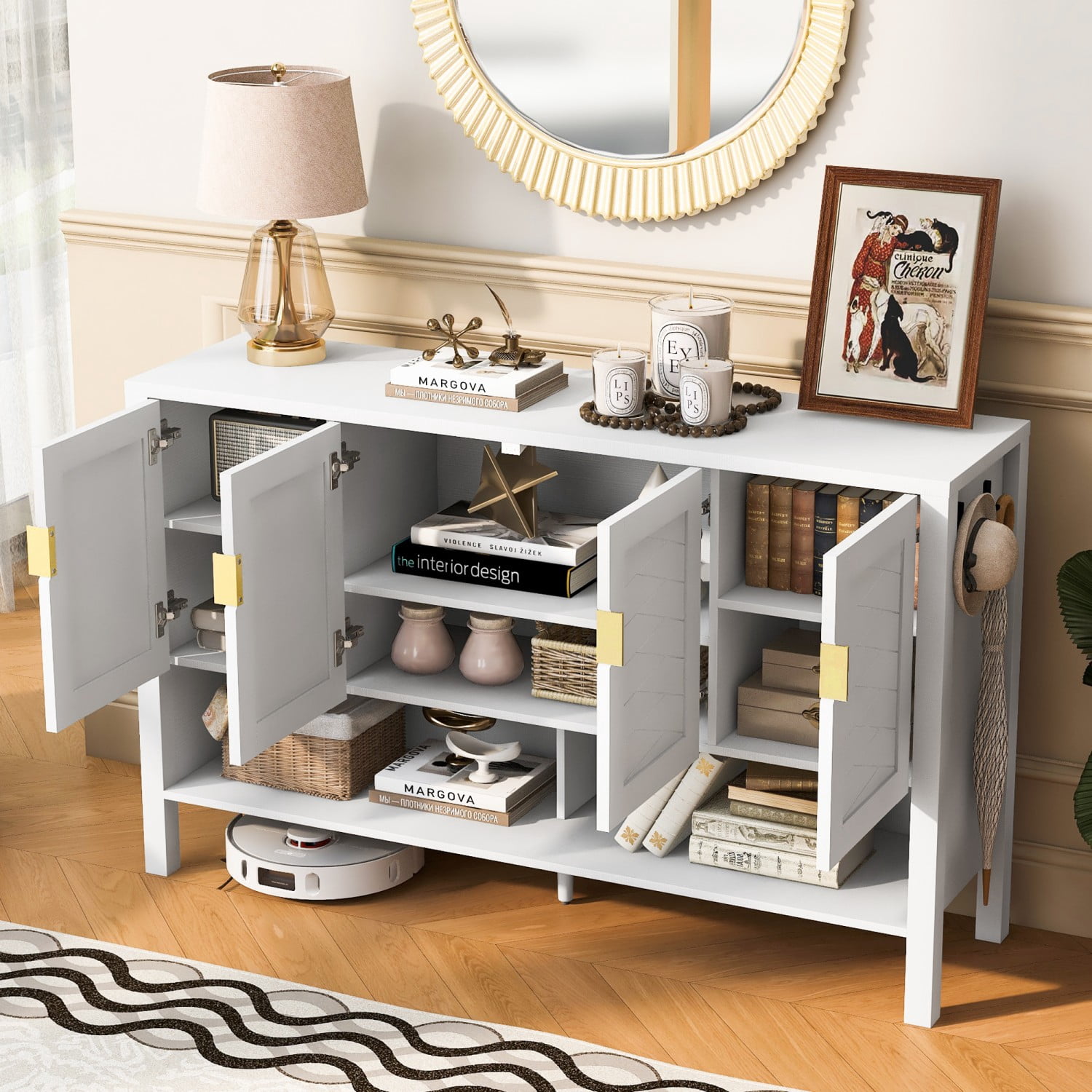 55.1" Modern Storage Sideboard Cabinet, 4-Door Buffet Cabinet with Adjustable Shelves, Open Shelf & Hooks for Living Room Dining Room Entryway, White