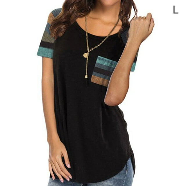 tredstone Femmes T-Shirt Manches Courtes Col Rond Top Poche à Rayures T-Shirt, Noir, L