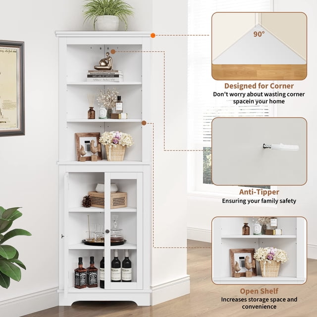 EDTara 5-Tier Bathroom Storage Cabinet, 65" Modern Corner Display Unit With Glass Doors and Adjustable Shelves