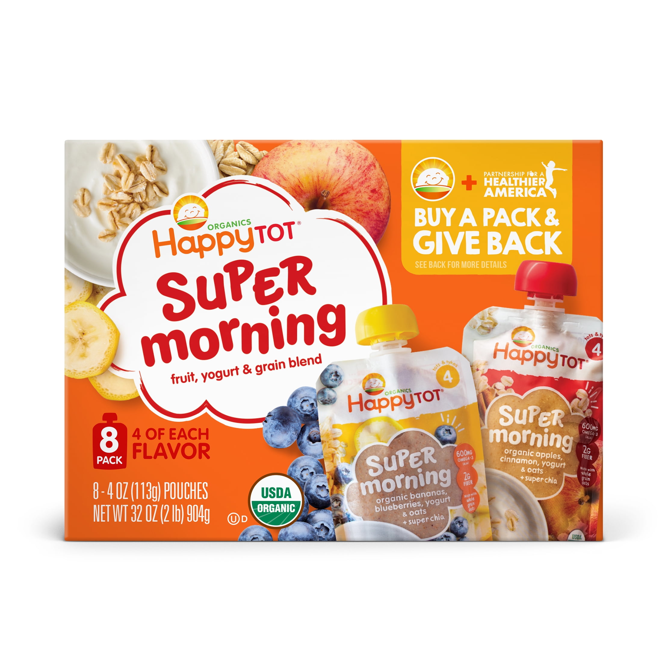 (8 Pouches) Happy Tot Organics Super Morning Give Back Pack Toddler Food, Stage 4, Organic Bananas, Blueberries, Yogurt, Oats & Chia, Organic Apples, Cinnamon, Yogurt, Oats & Chia, 4 oz Pouches